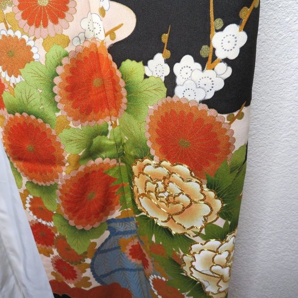 Japanese Kimono Silk Houmongi Vintage Black Multi Floral Copper Metallic 62 inch - Picture 5 of 16